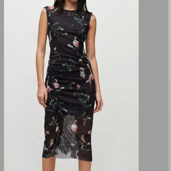 ALLSAINTS Nora Fabia Graphic-print Midi Dress In Black/pink US SIZE 8 - Picture 1 of 6